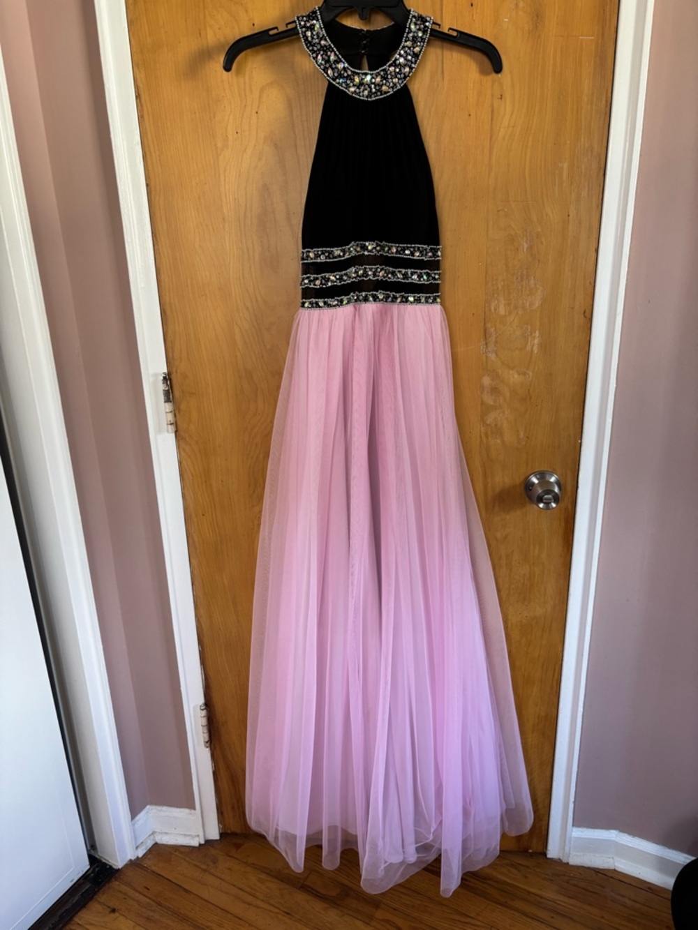 Stacy Sklar Black Beaded Halter Top with Pink Tulle Skirt Prom Dress